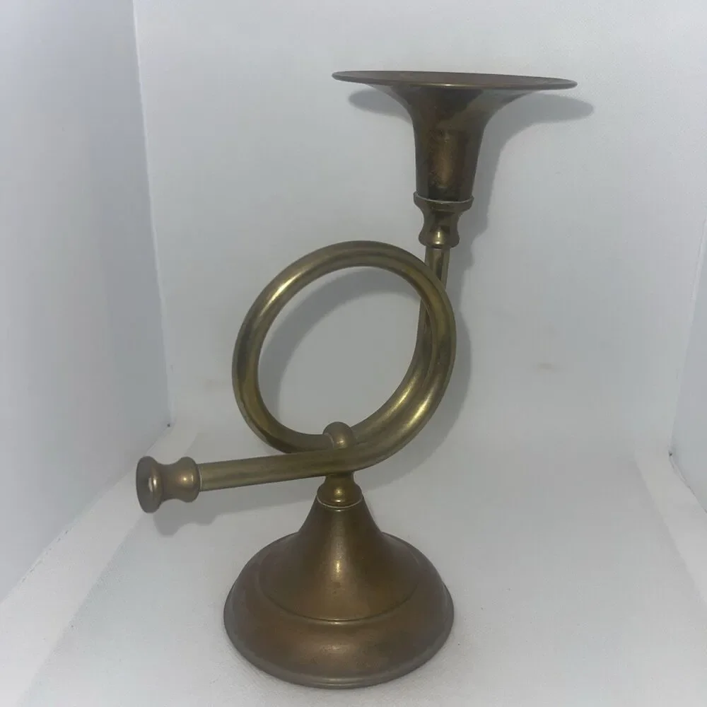 Vintage Brass French Horn Candlestick Holder